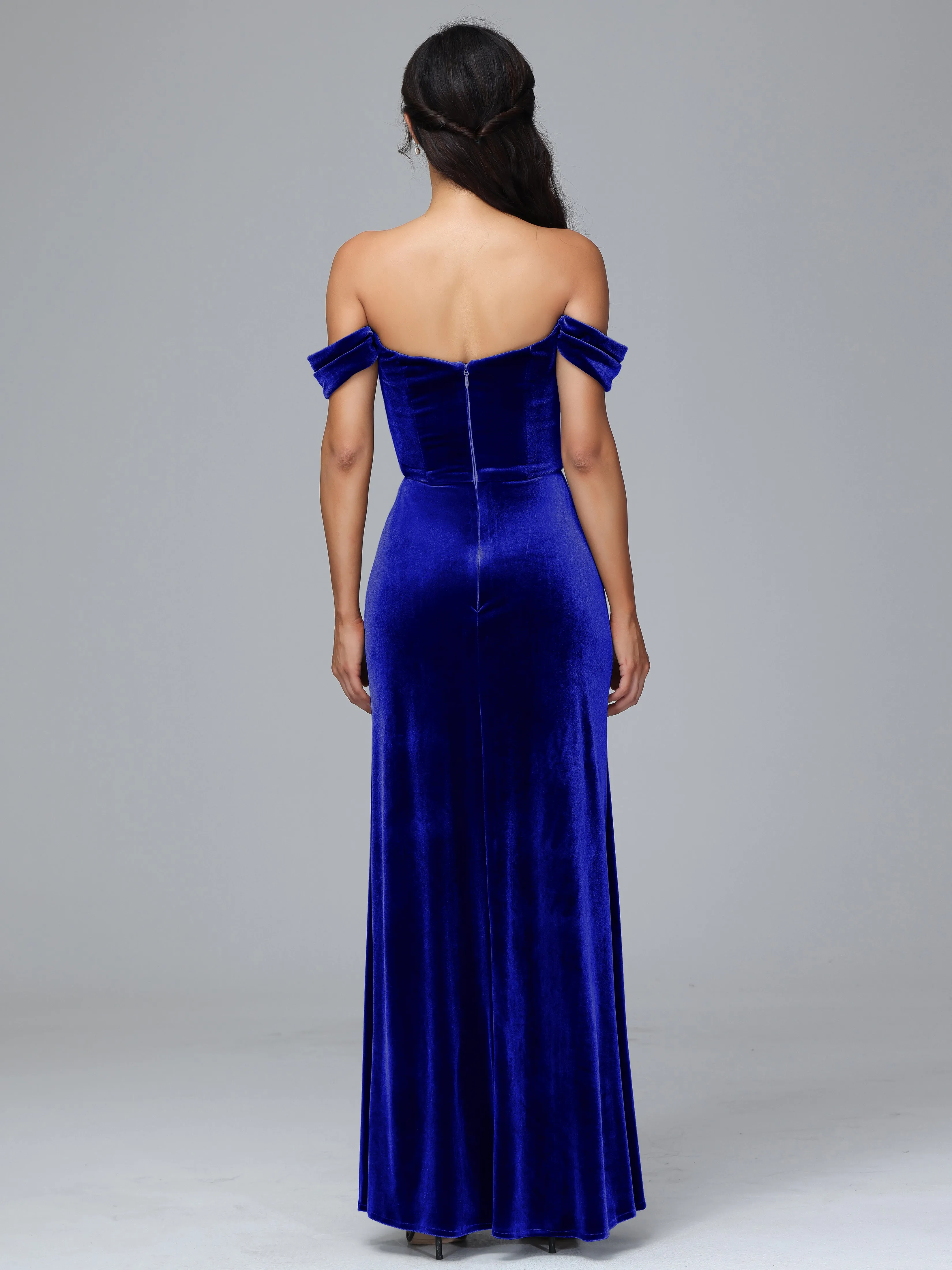 Off Shoulder Zipper Split Velvet Bridesmaid Dresses