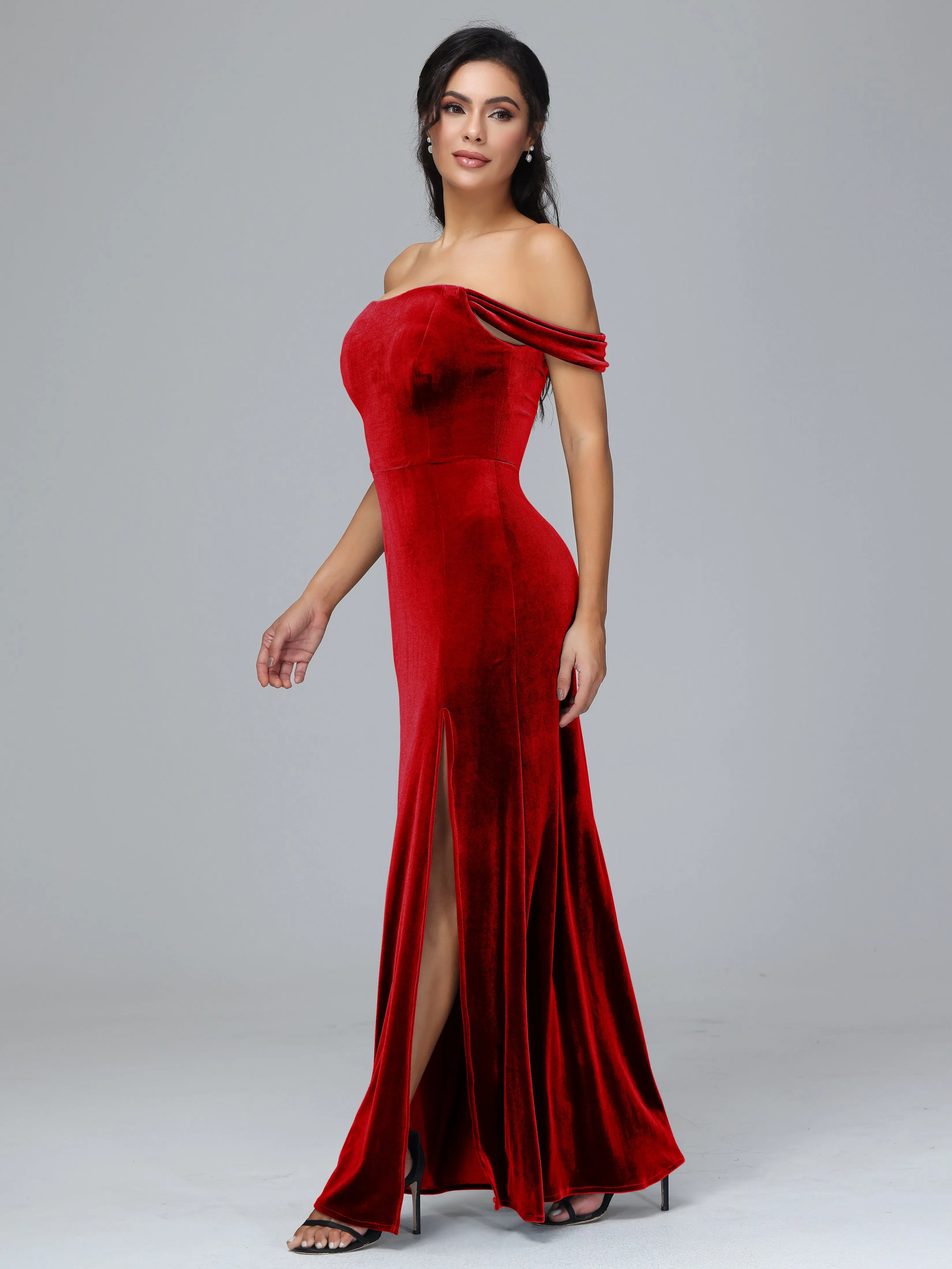 Off Shoulder Zipper Split Velvet Bridesmaid Dresses