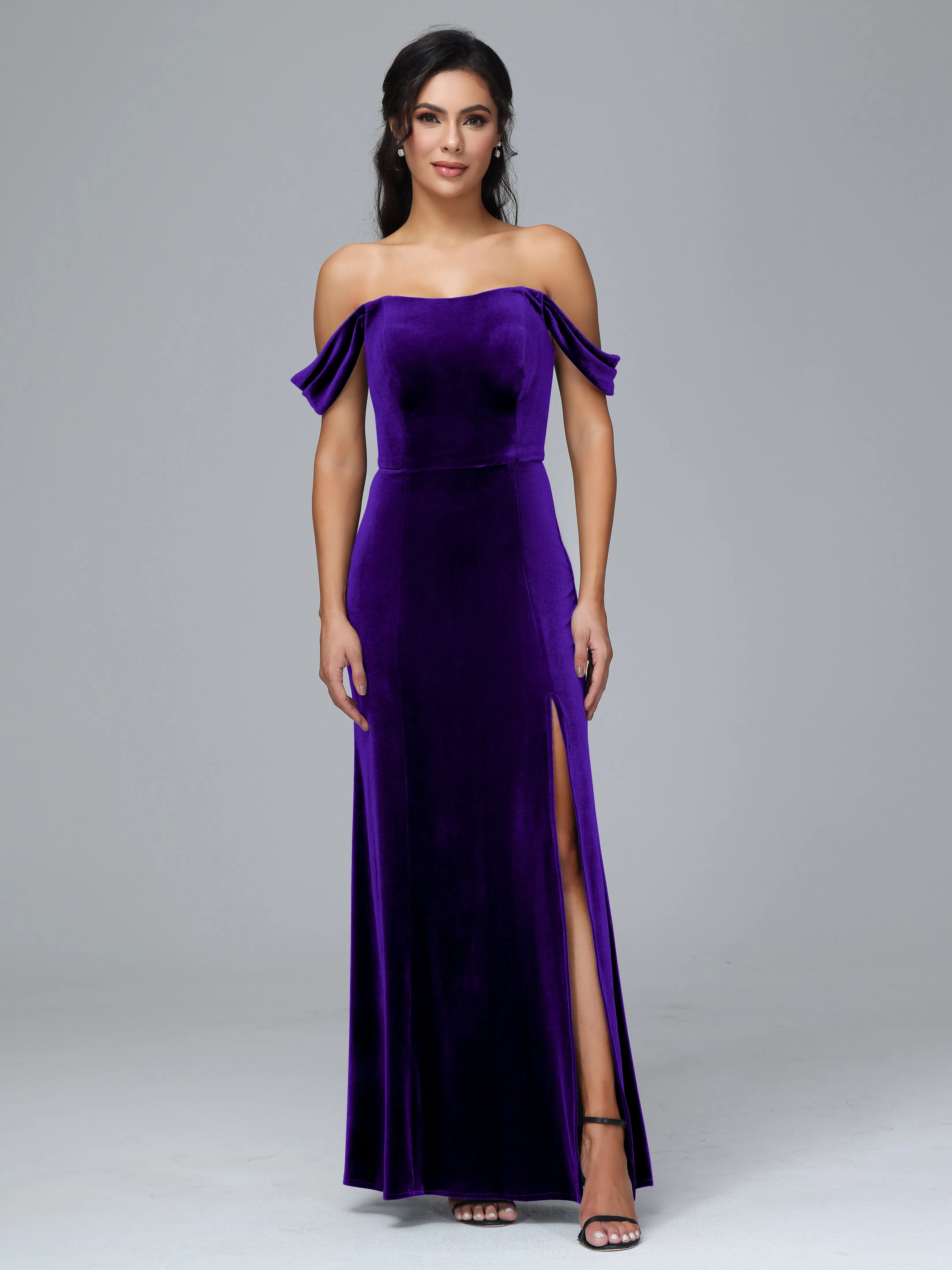 Off Shoulder Zipper Split Velvet Bridesmaid Dresses