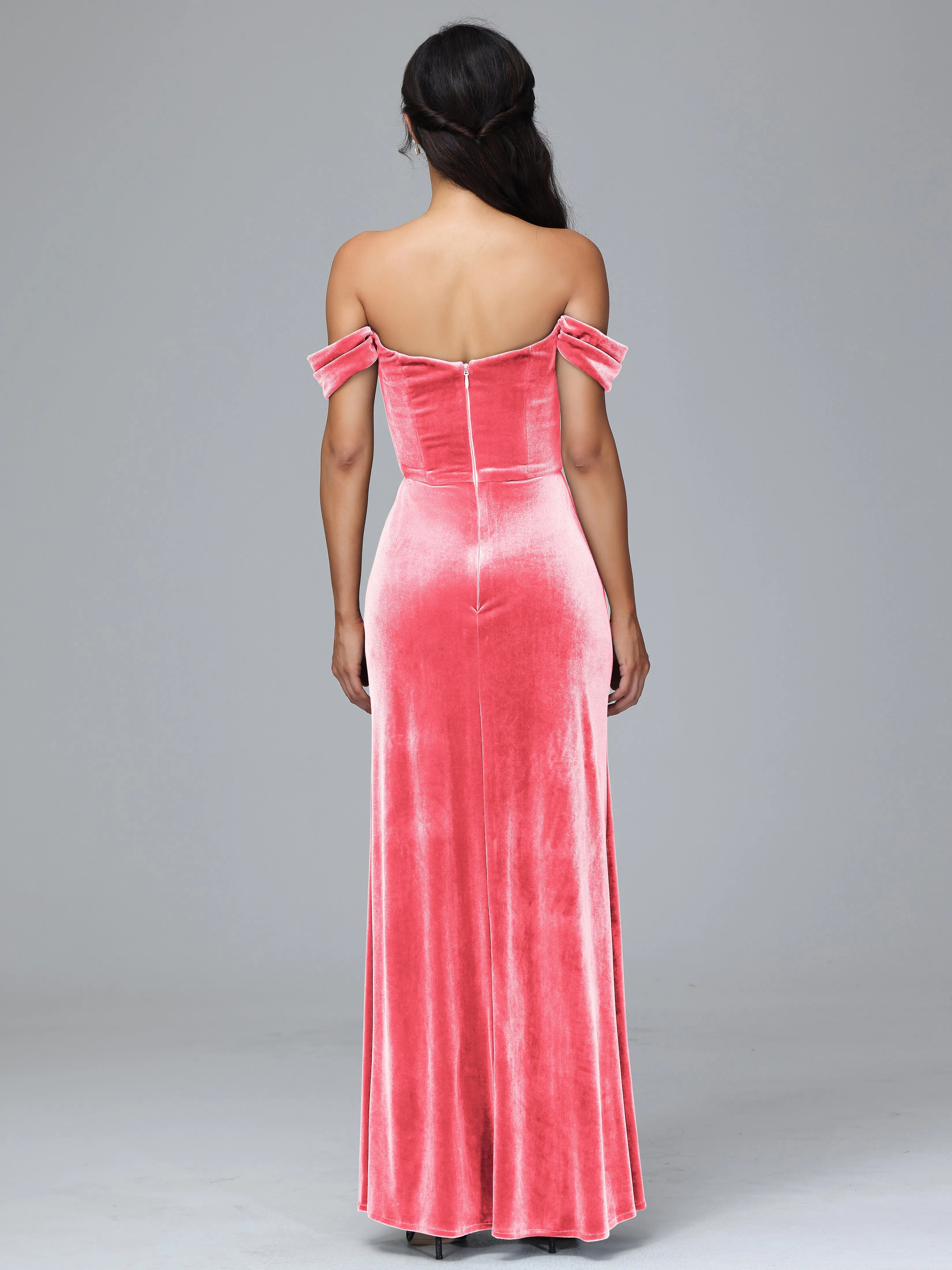 Off Shoulder Zipper Split Velvet Bridesmaid Dresses