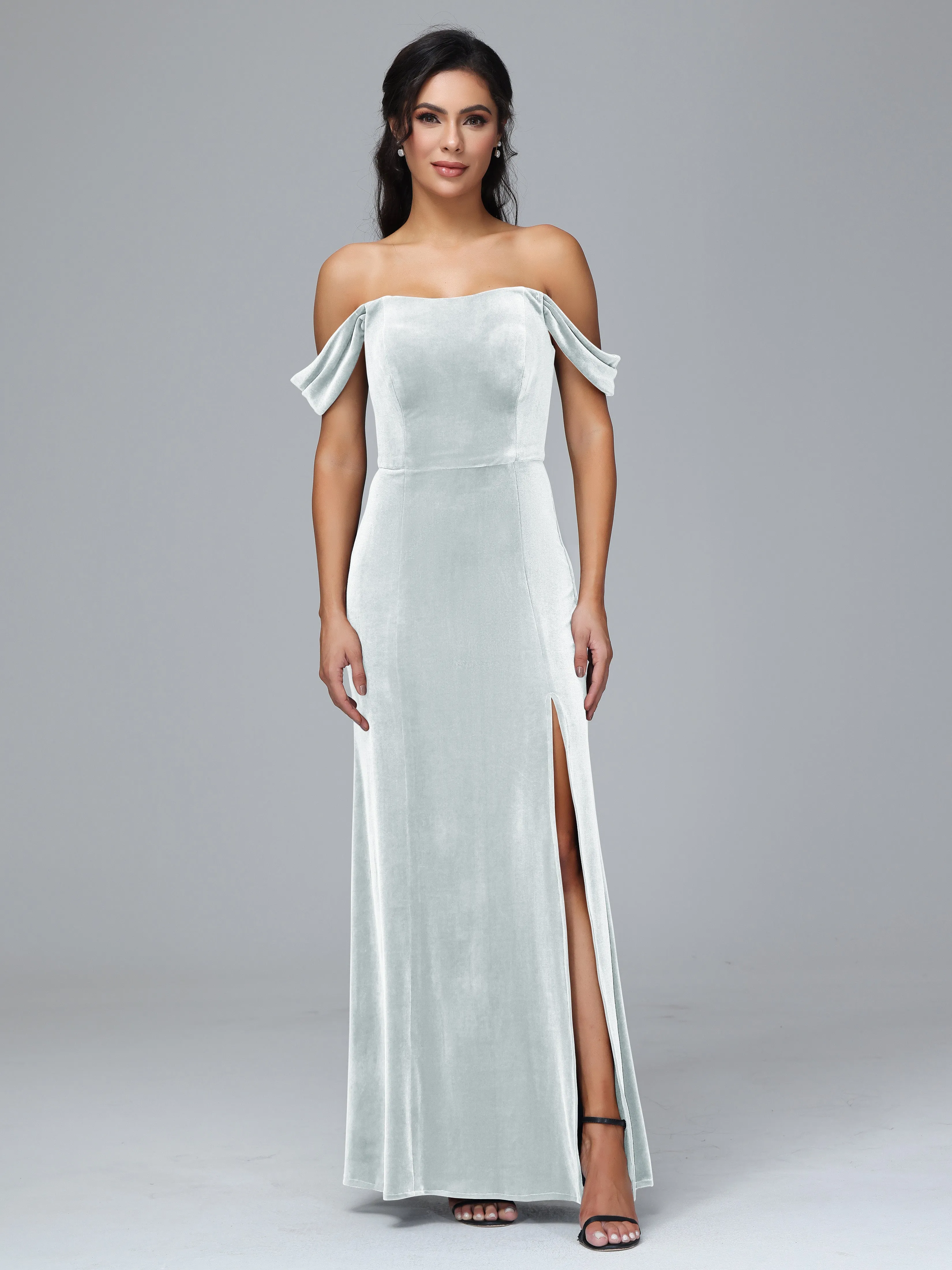 Off Shoulder Zipper Split Velvet Bridesmaid Dresses