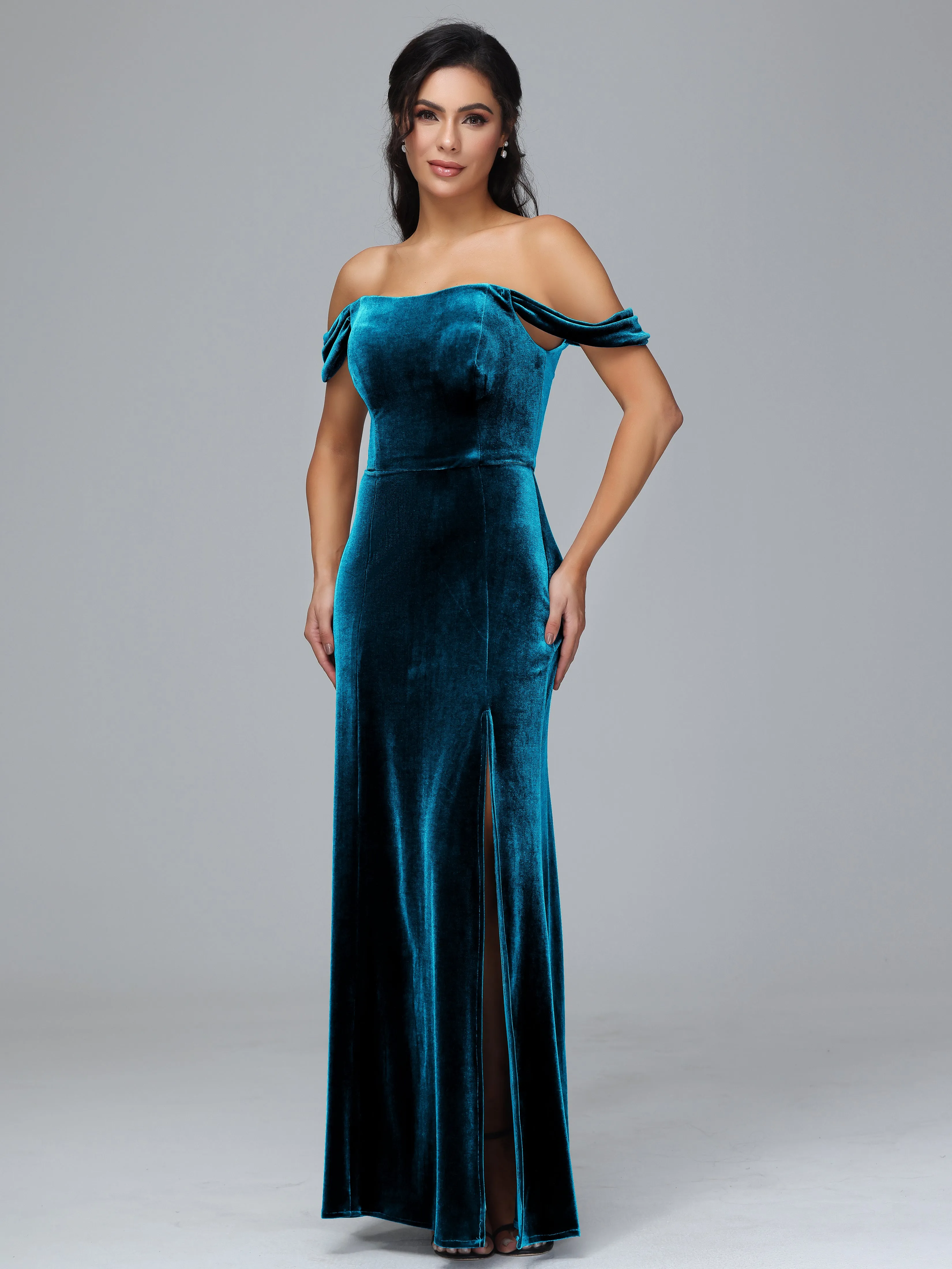 Off Shoulder Zipper Split Velvet Bridesmaid Dresses