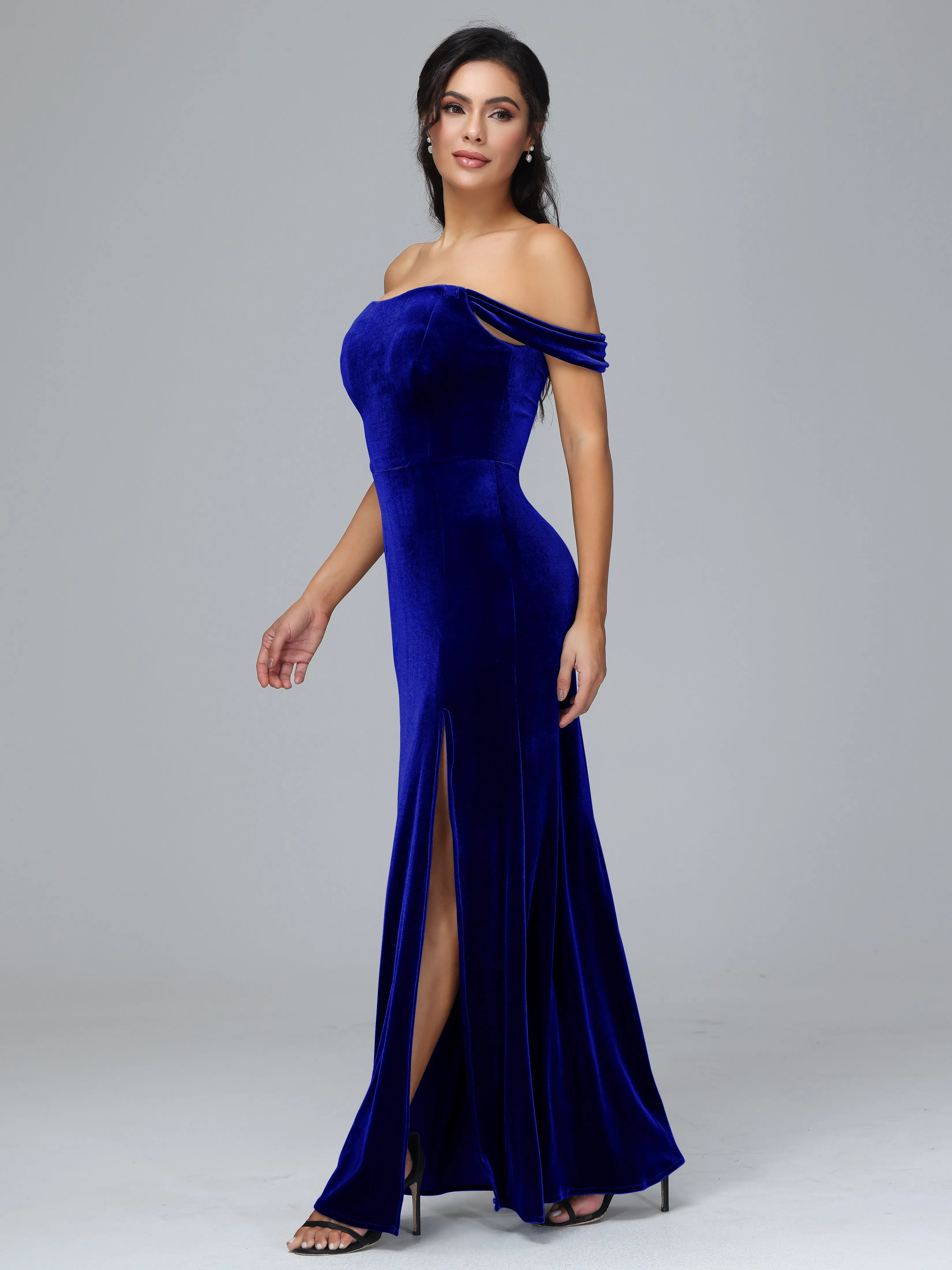 Off Shoulder Zipper Split Velvet Bridesmaid Dresses