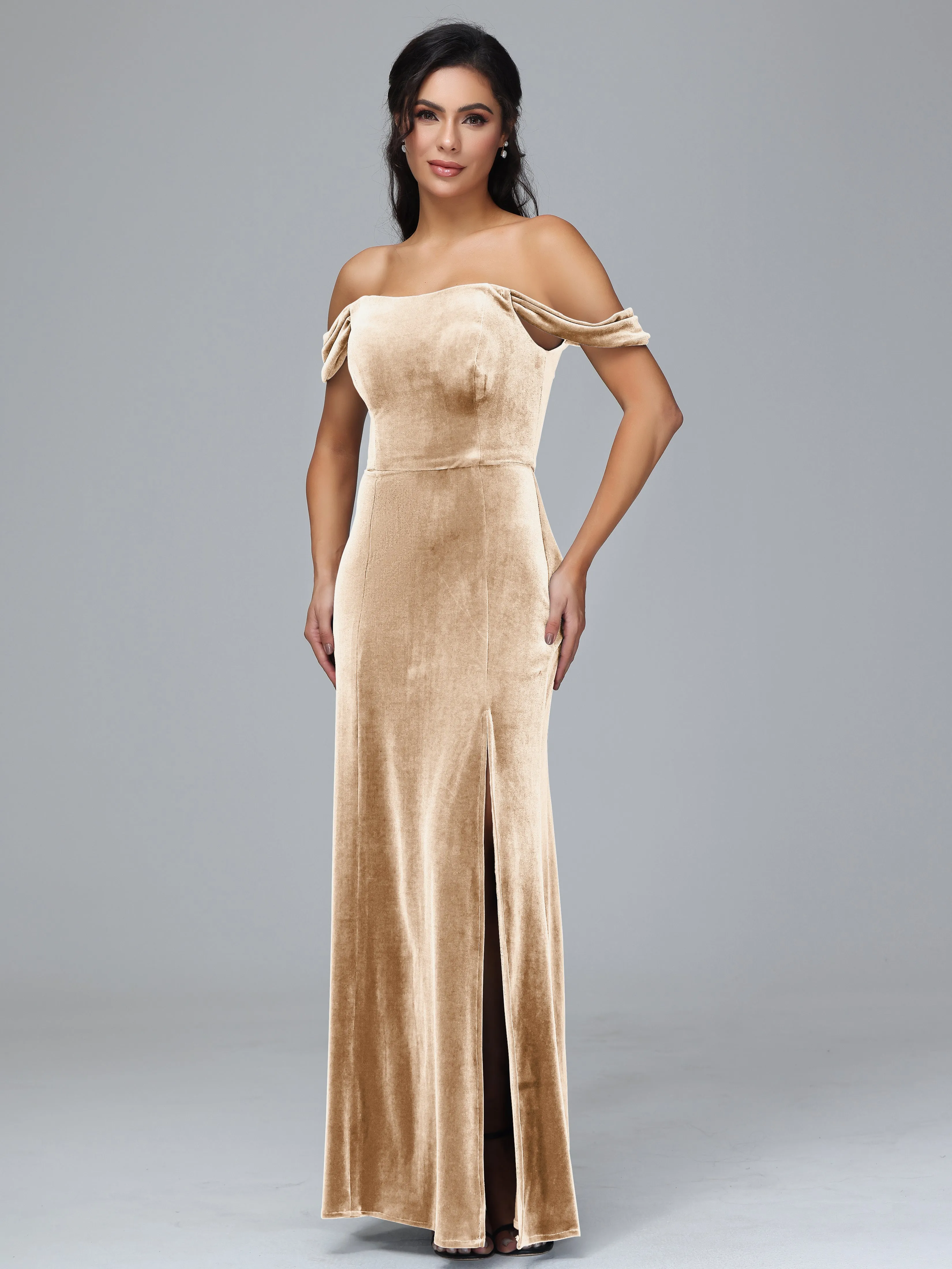 Off Shoulder Zipper Split Velvet Bridesmaid Dresses