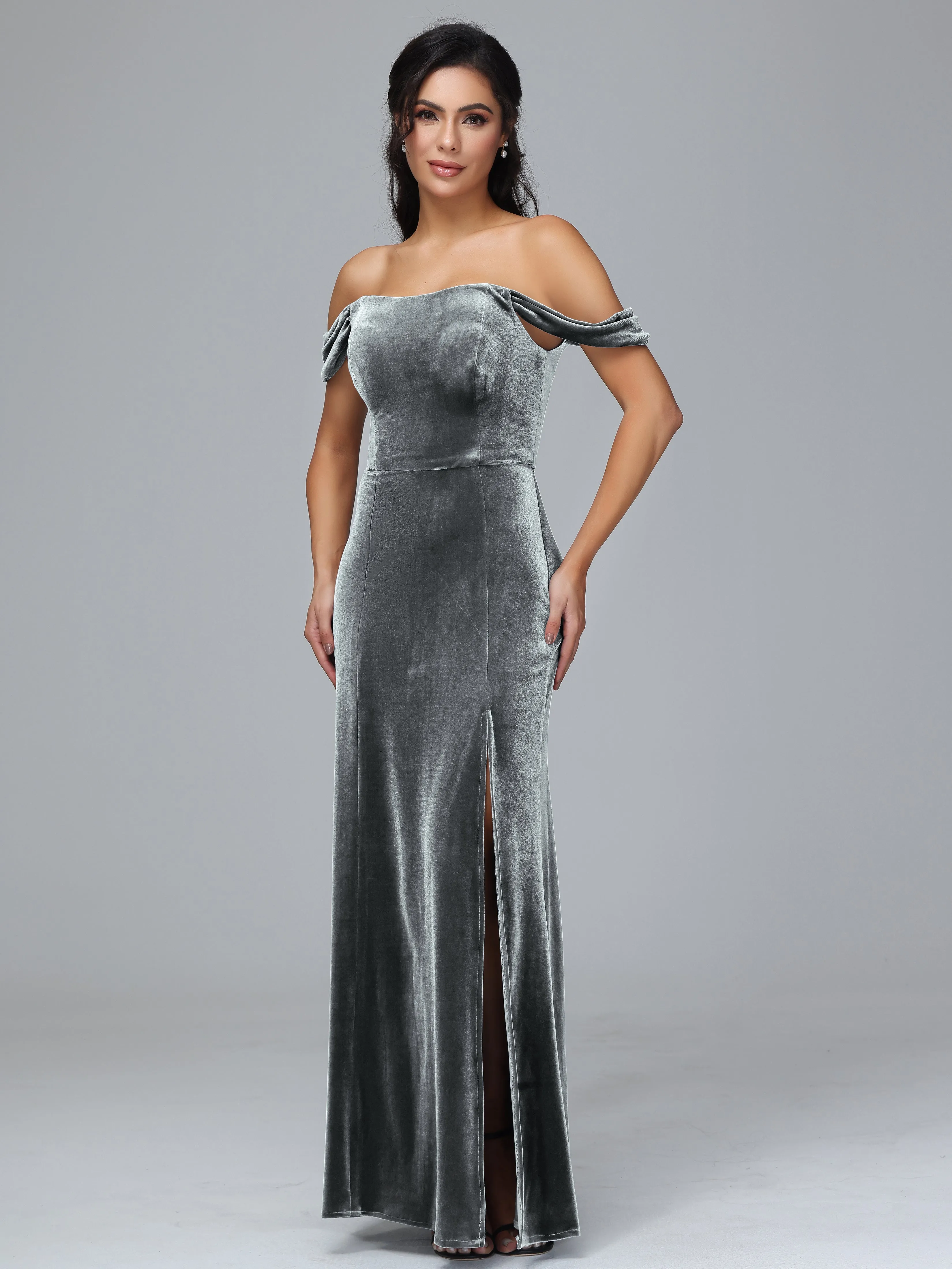 Off Shoulder Zipper Split Velvet Bridesmaid Dresses