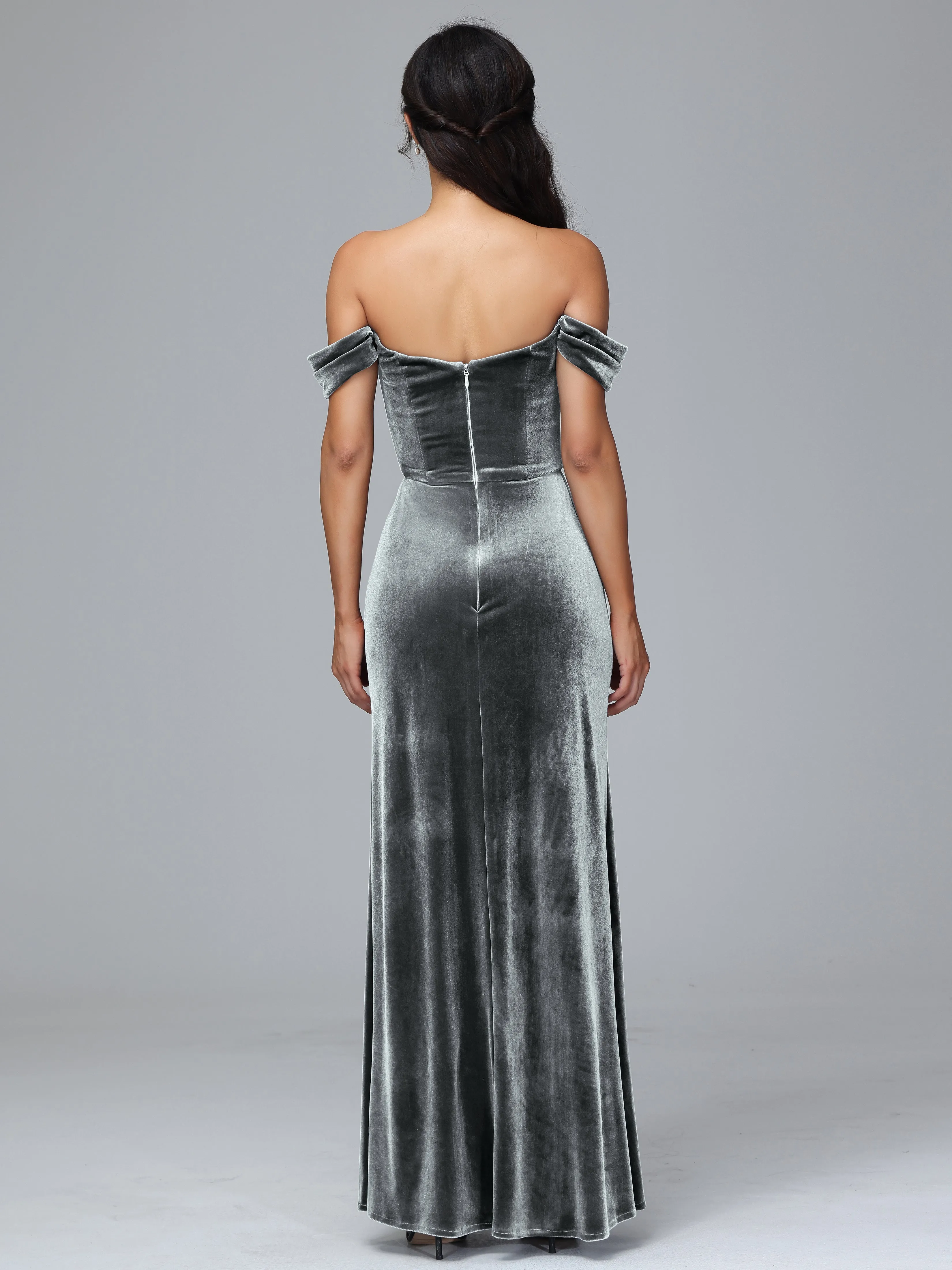 Off Shoulder Zipper Split Velvet Bridesmaid Dresses