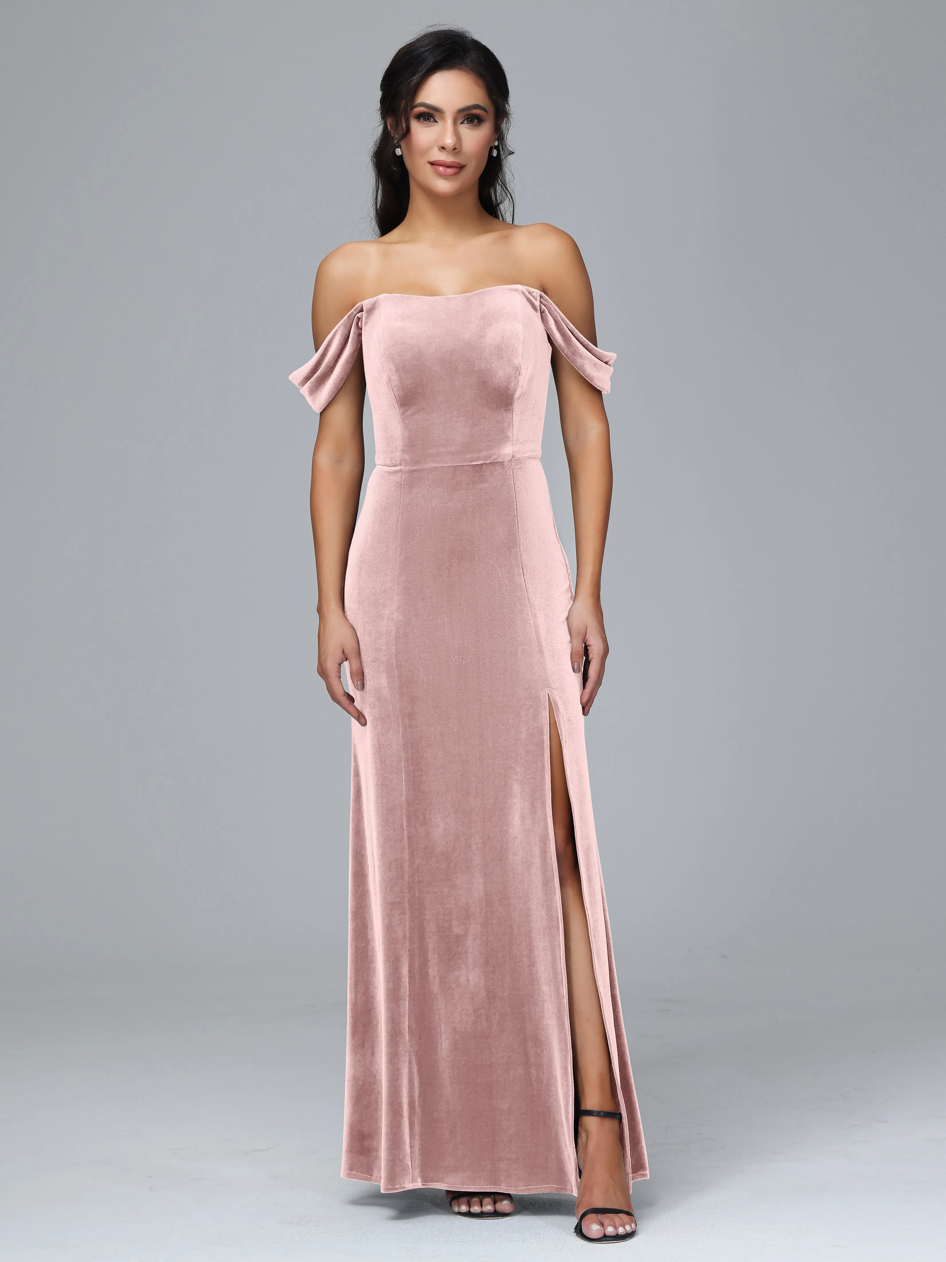 Off Shoulder Zipper Split Velvet Bridesmaid Dresses