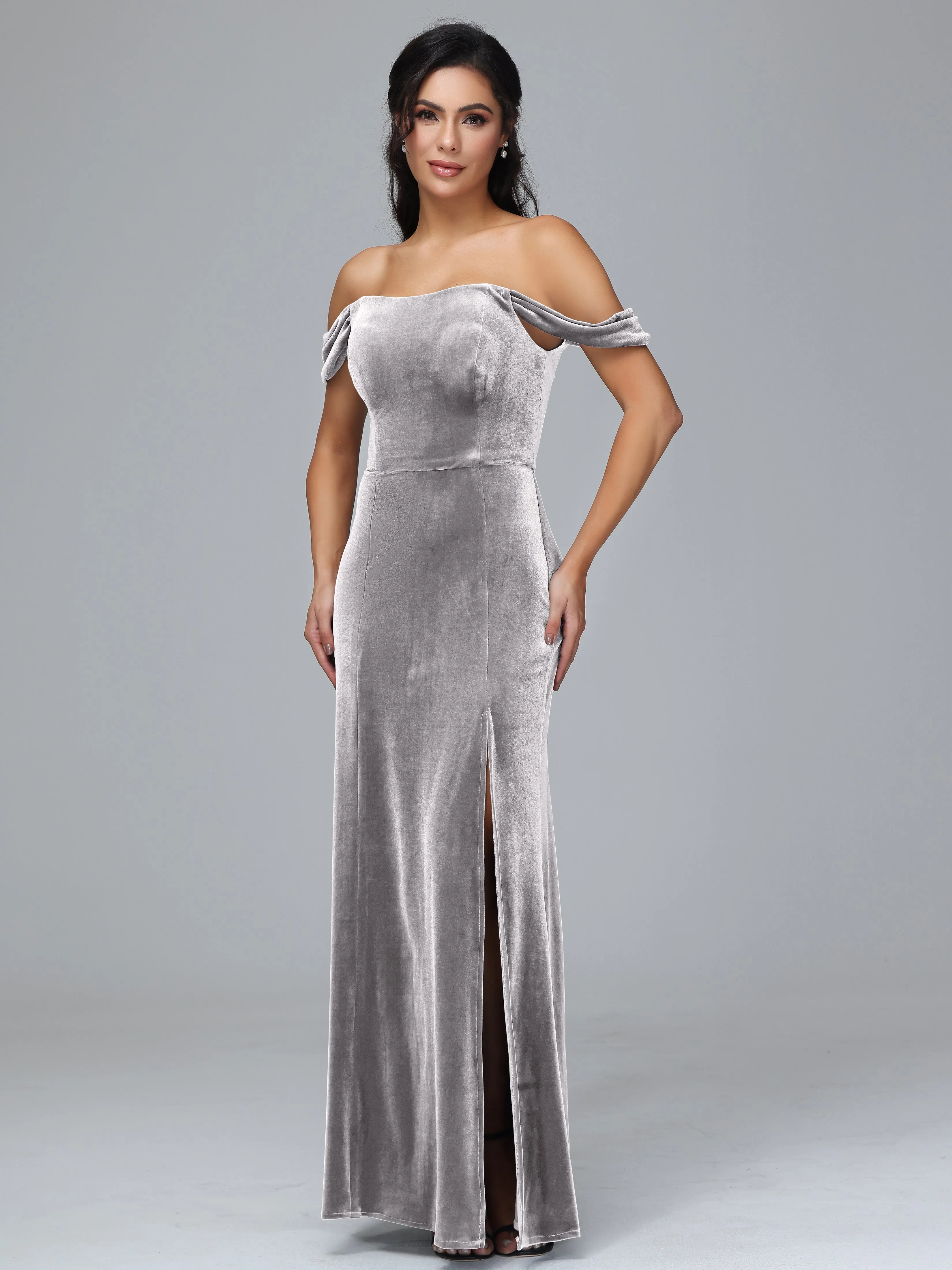 Off Shoulder Zipper Split Velvet Bridesmaid Dresses