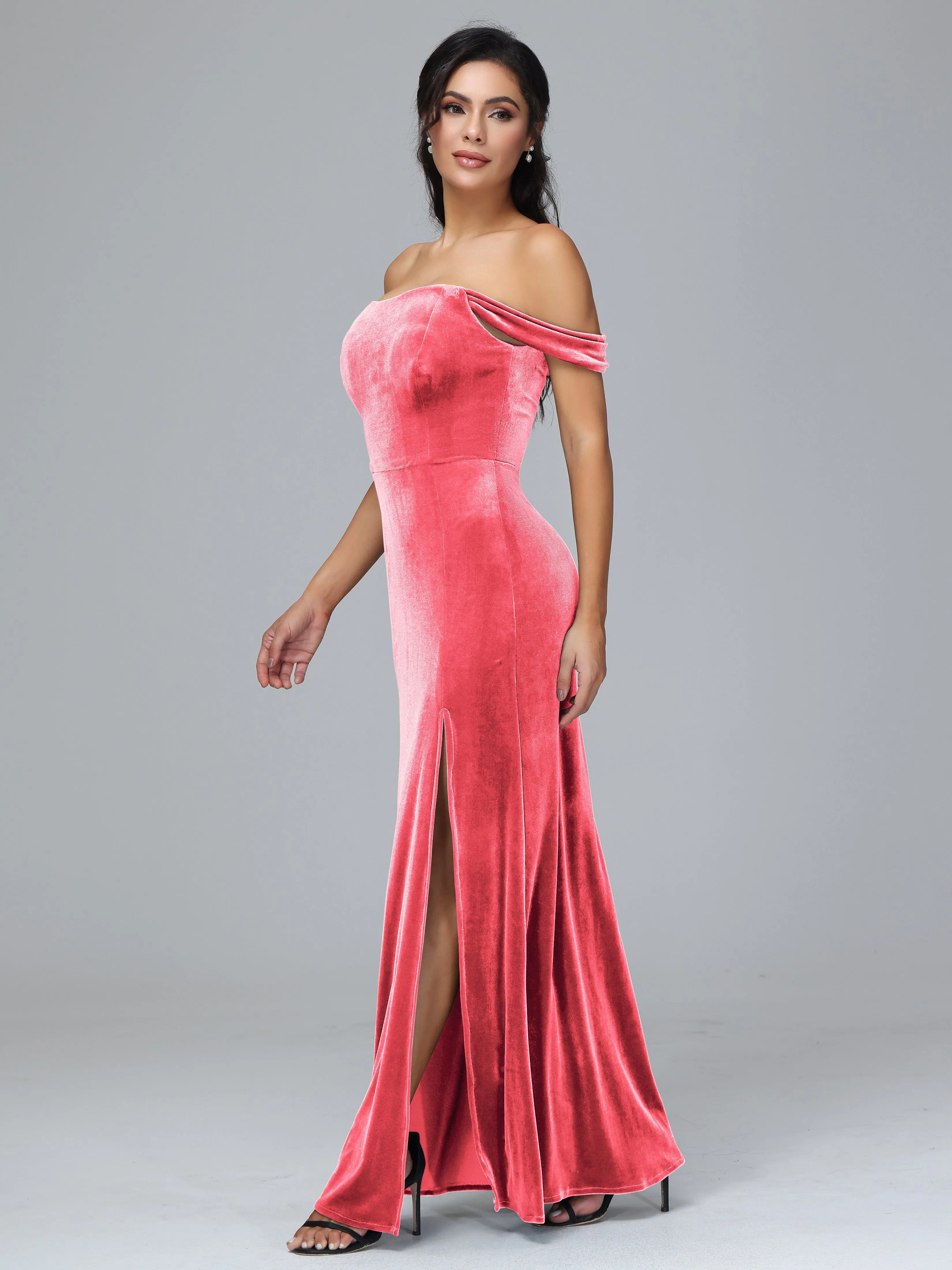 Off Shoulder Zipper Split Velvet Bridesmaid Dresses