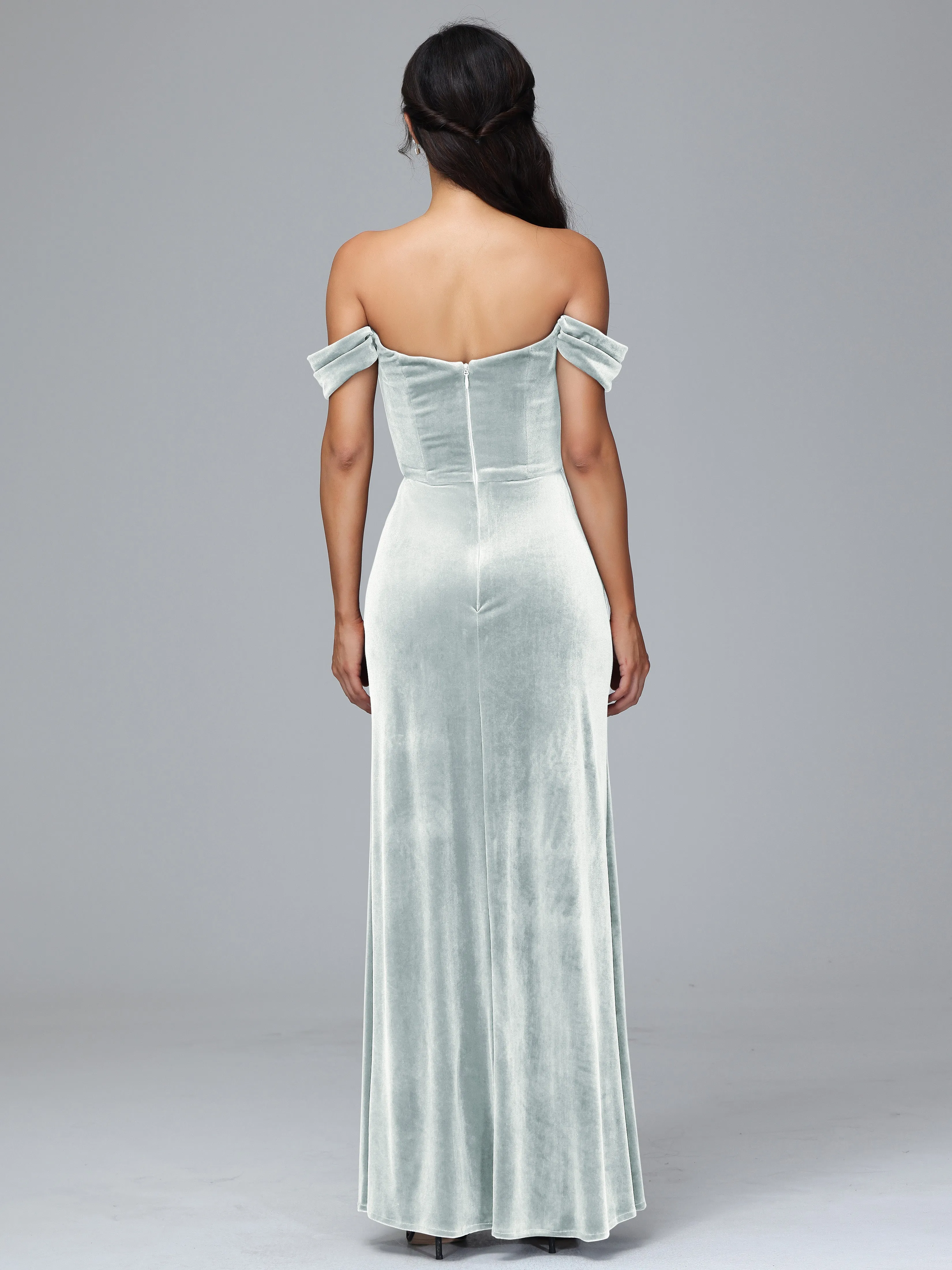 Off Shoulder Zipper Split Velvet Bridesmaid Dresses