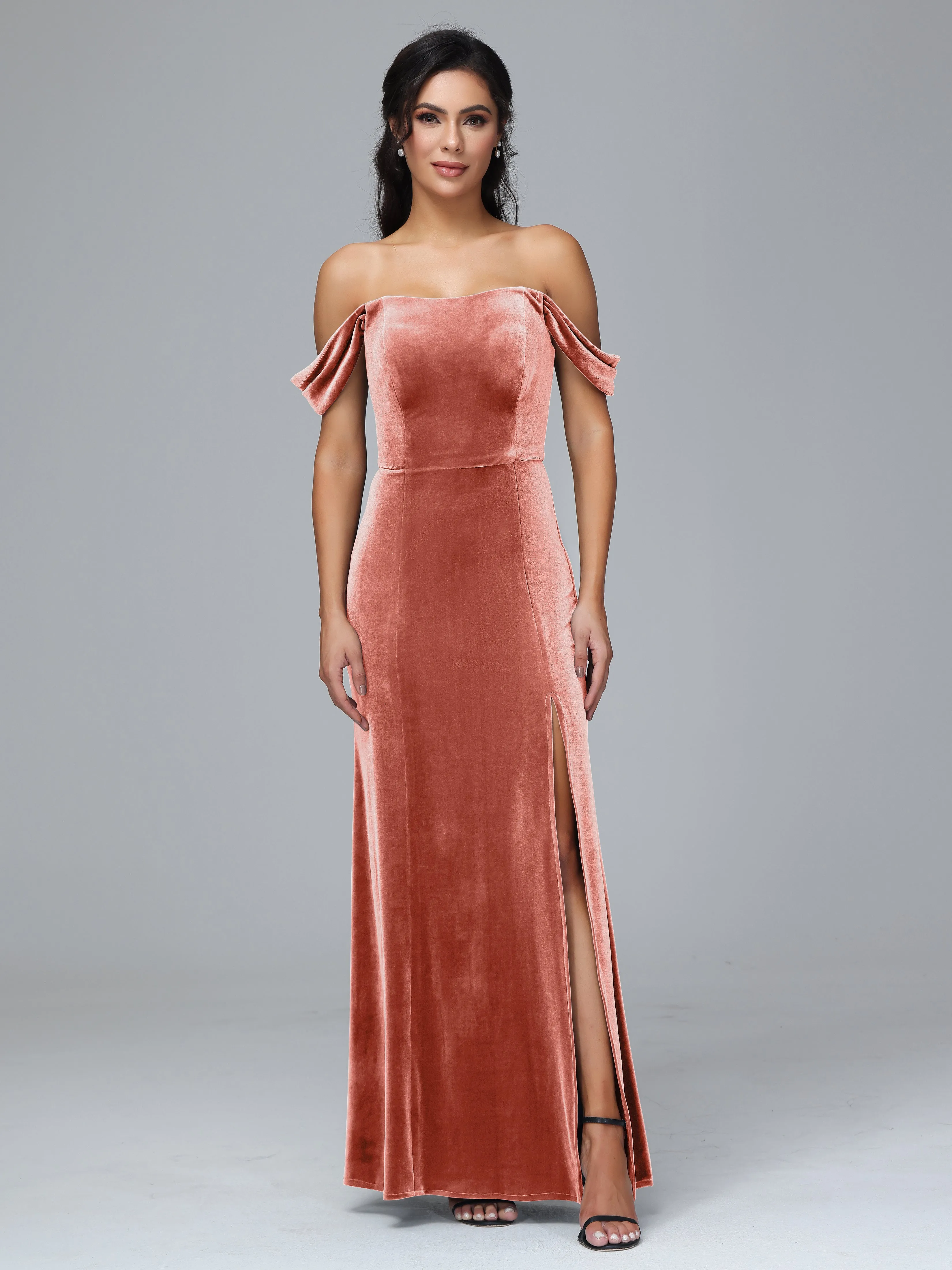 Off Shoulder Zipper Split Velvet Bridesmaid Dresses