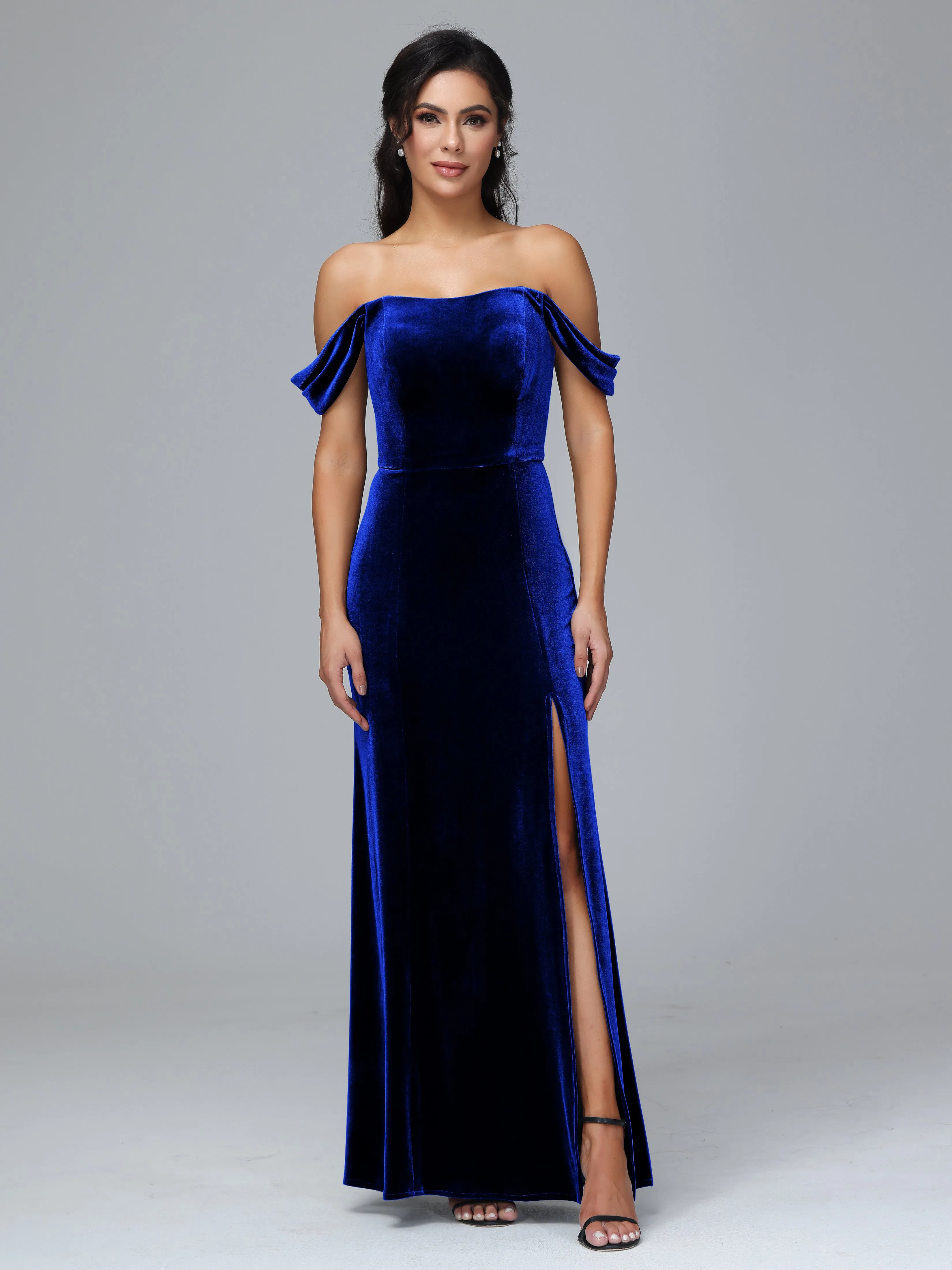 Off Shoulder Zipper Split Velvet Bridesmaid Dresses