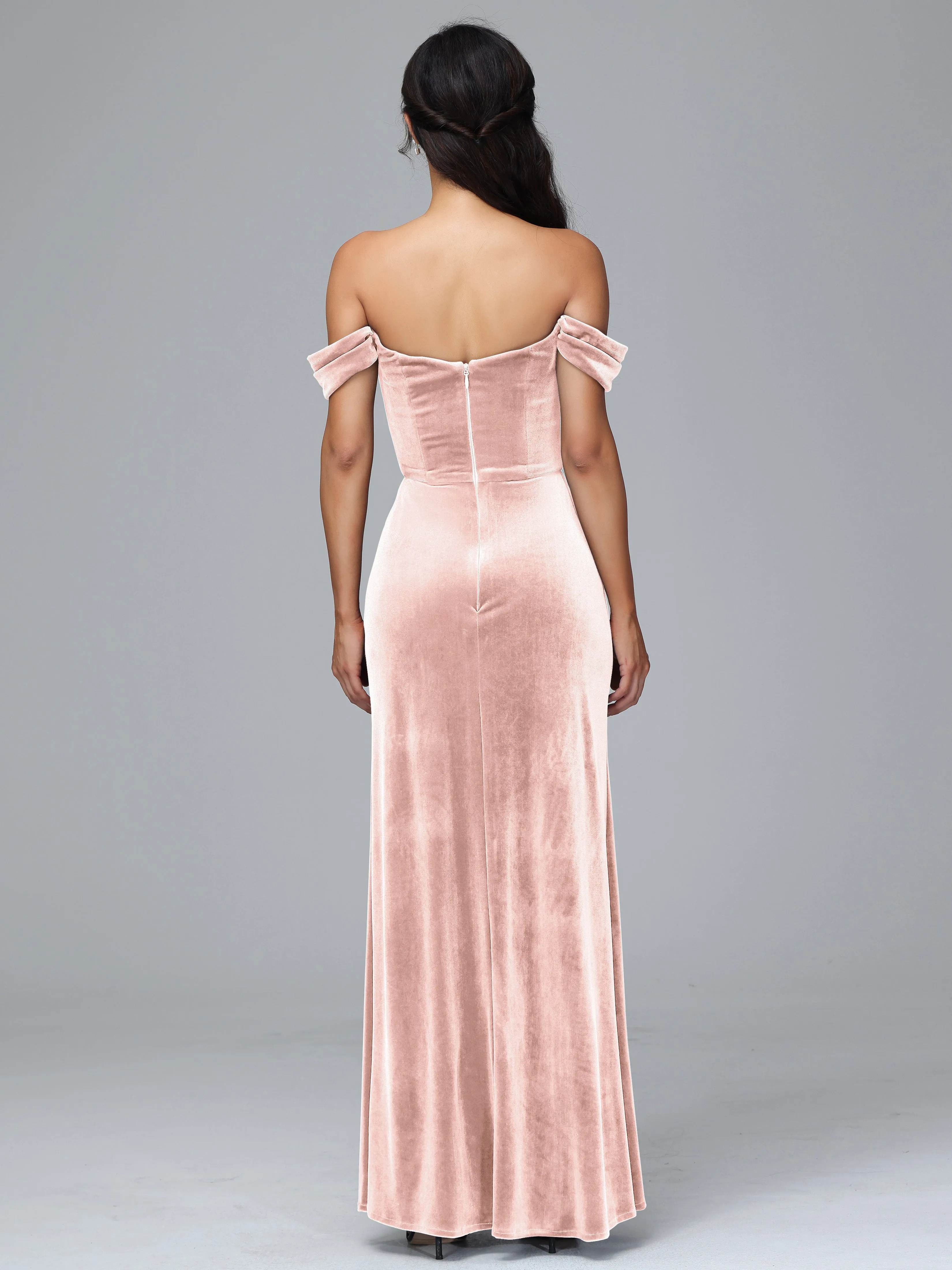 Off Shoulder Zipper Split Velvet Bridesmaid Dresses
