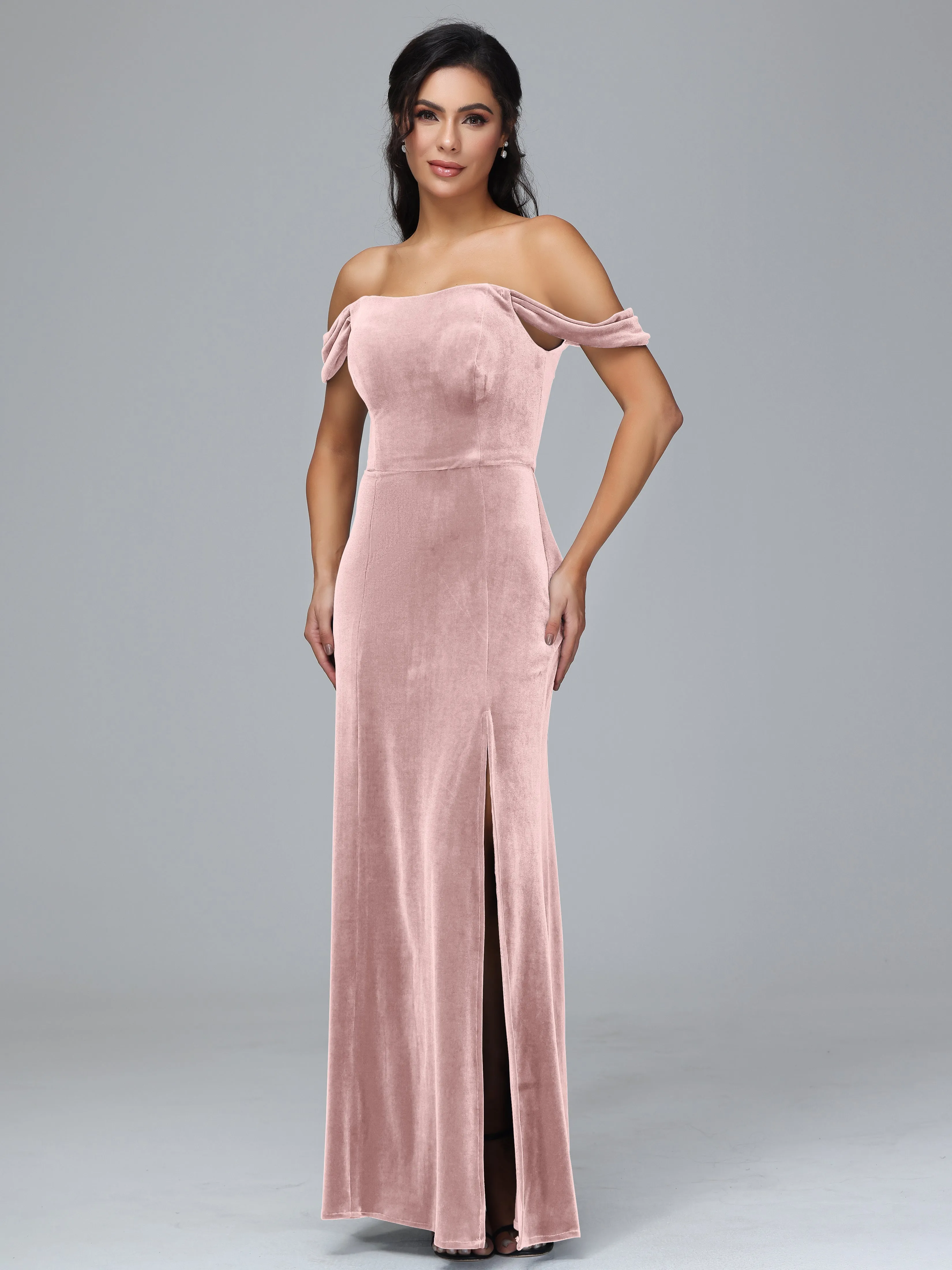 Off Shoulder Zipper Split Velvet Bridesmaid Dresses
