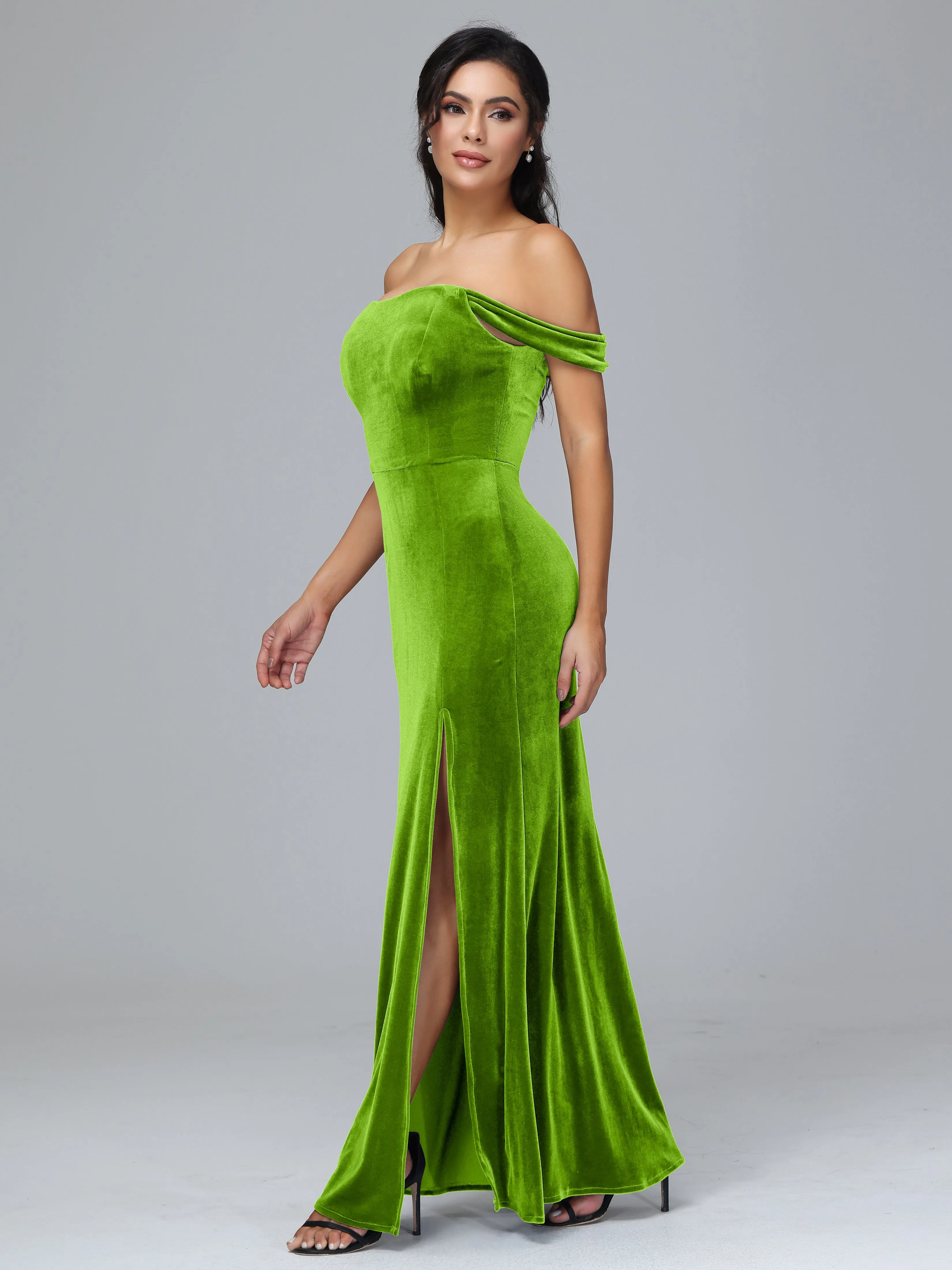 Off Shoulder Zipper Split Velvet Bridesmaid Dresses