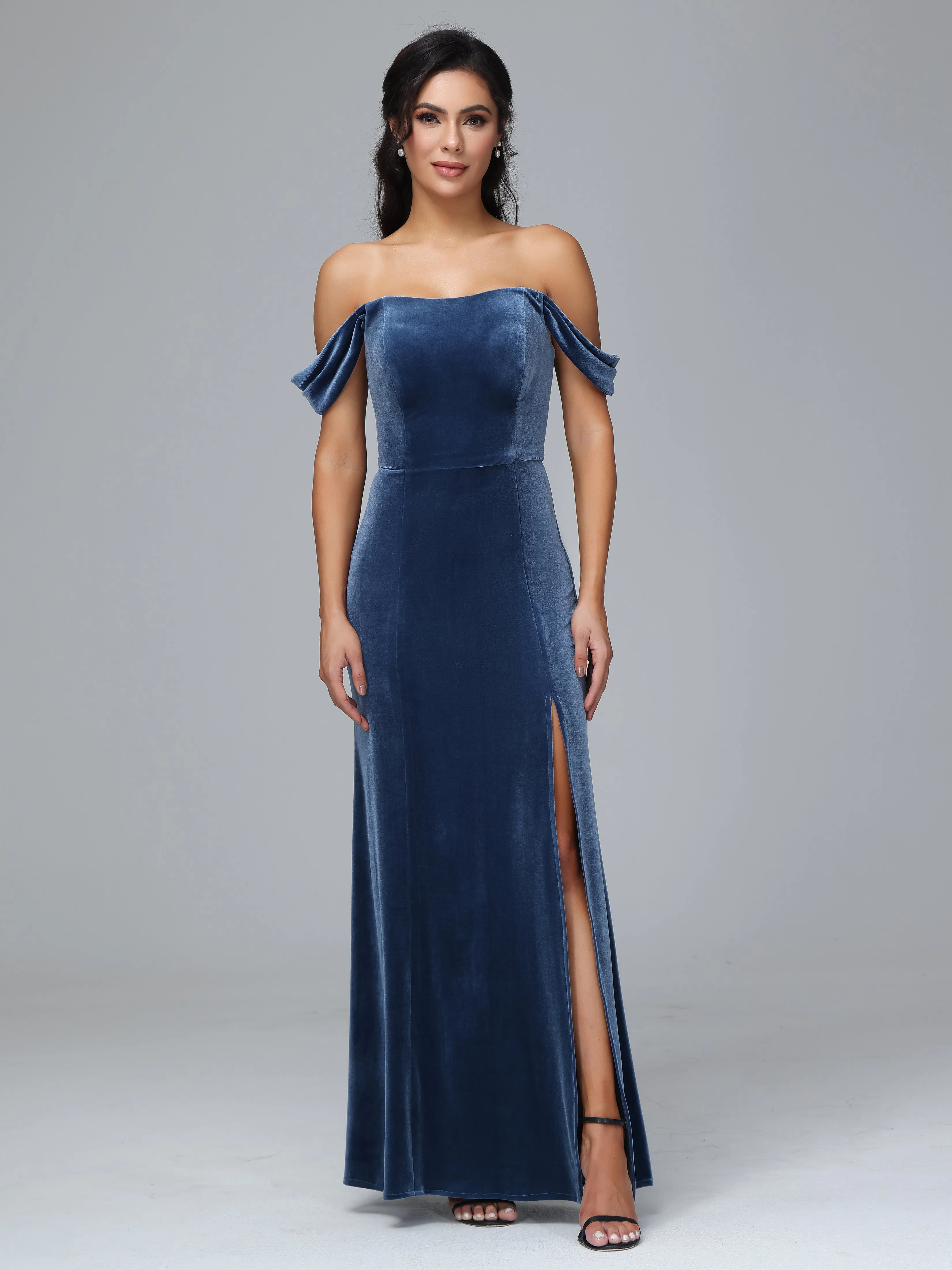 Off Shoulder Zipper Split Velvet Bridesmaid Dresses