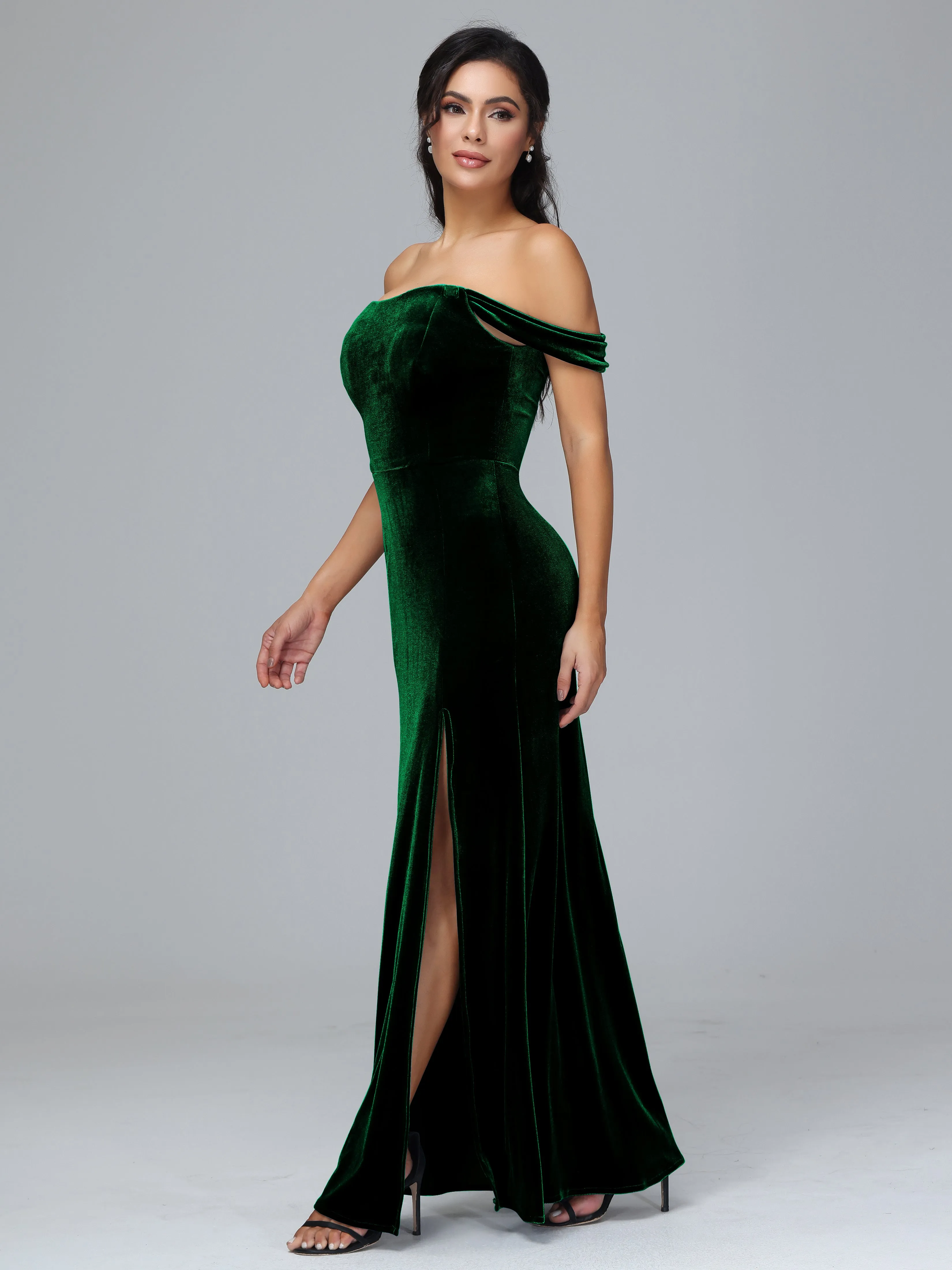 Off Shoulder Zipper Split Velvet Bridesmaid Dresses