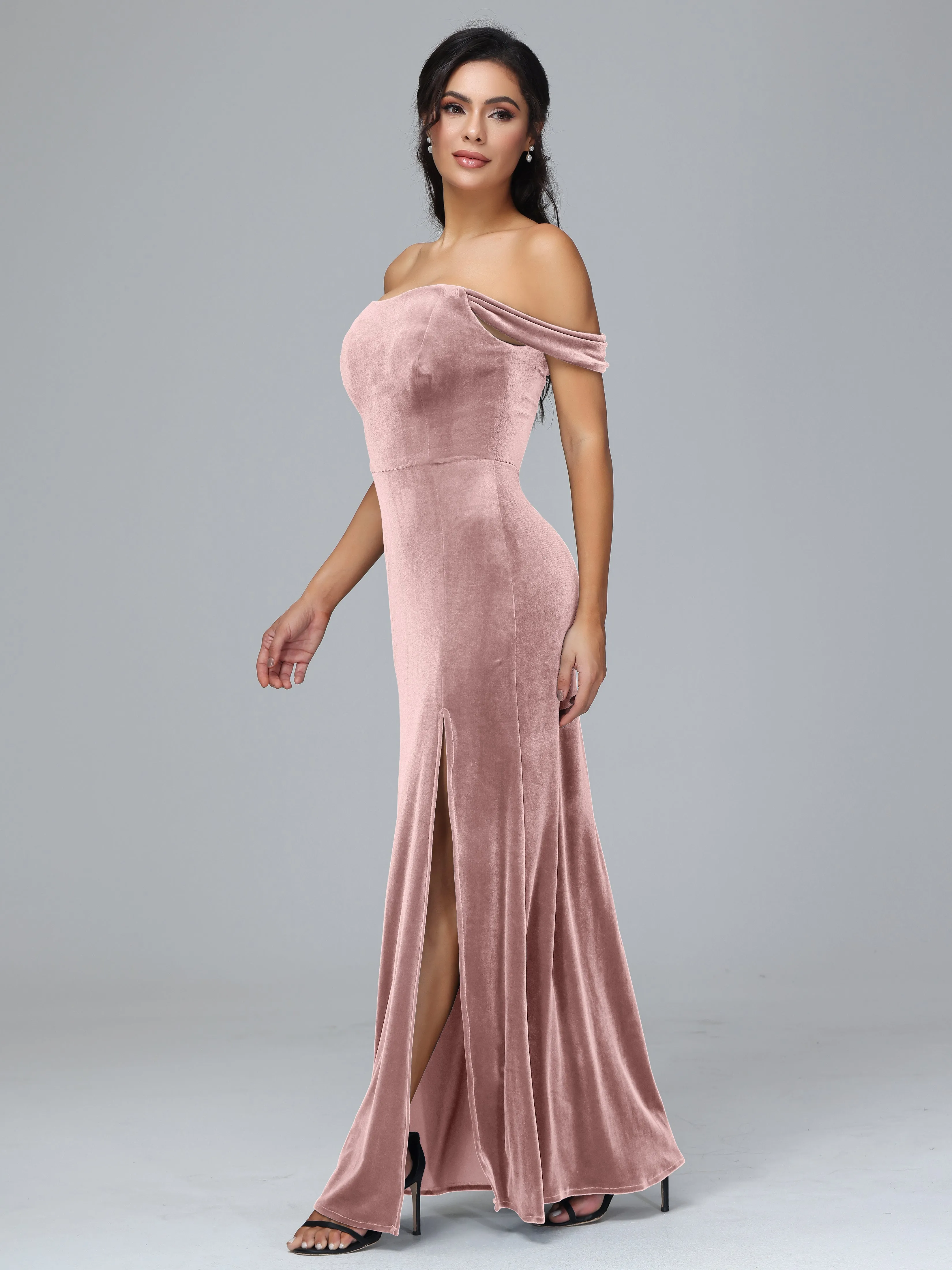 Off Shoulder Zipper Split Velvet Bridesmaid Dresses