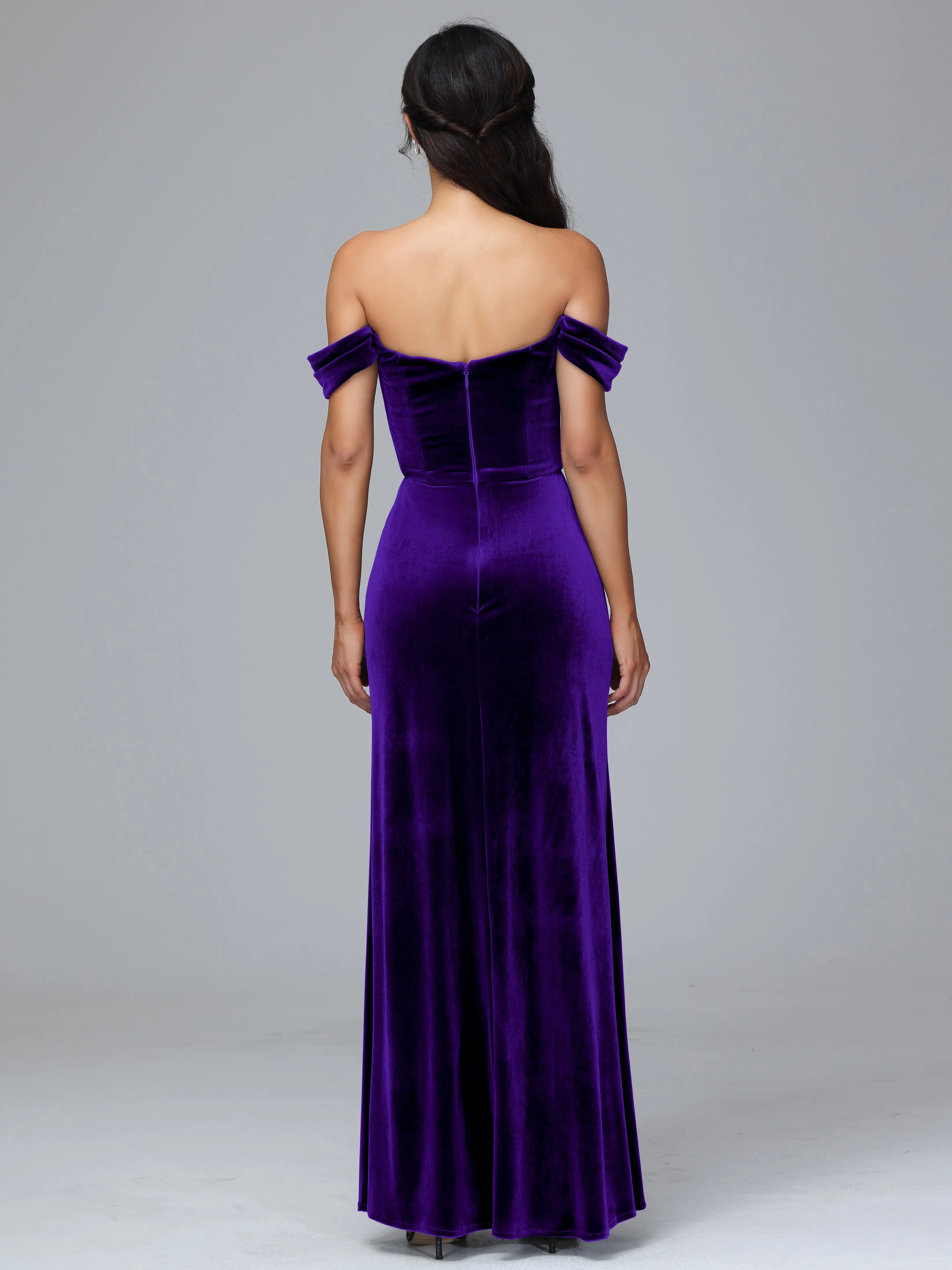 Off Shoulder Zipper Split Velvet Bridesmaid Dresses