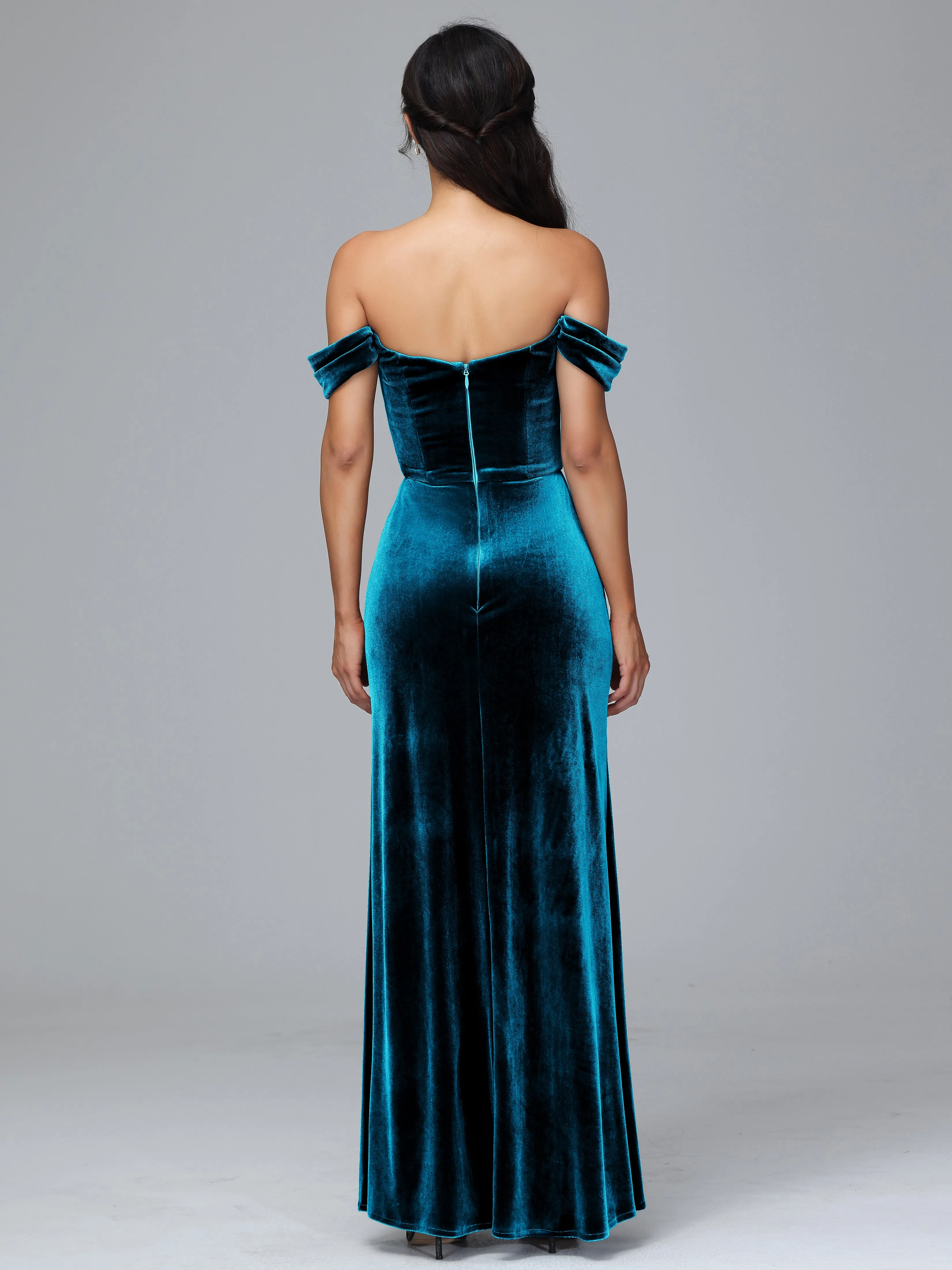 Off Shoulder Zipper Split Velvet Bridesmaid Dresses